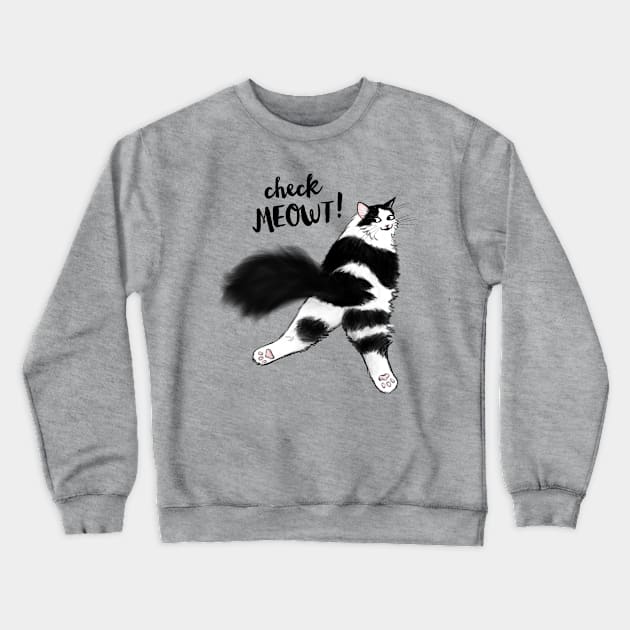 Check Meowt! Funny Cat Sploot | Black and White Cat Crewneck Sweatshirt by Coffee Squirrel